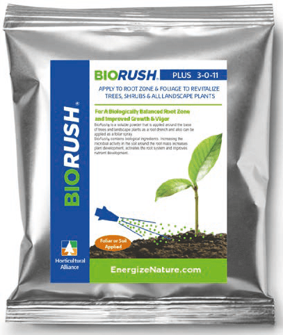 Biorush fertilizer packet with a plant illustration on a silver background