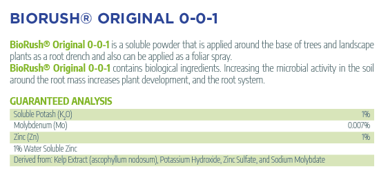 Product label for BioRush Original 0-0-1 with text and percentages.