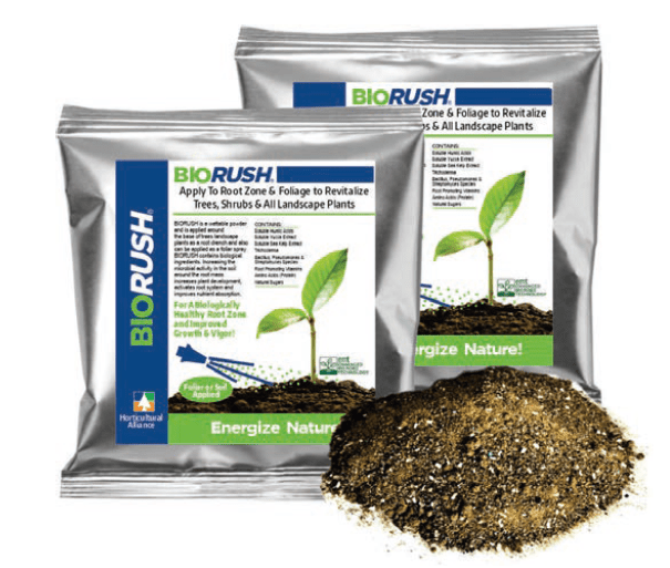 Two packages of BioRush plant revitalization product with a pile of dark brown material on a white background.